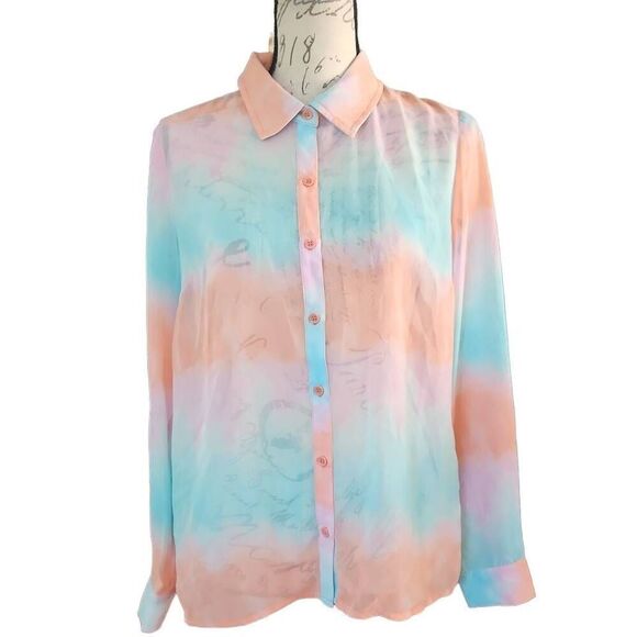 Forever 21 Women's Size Medium Pink Blue Sheer Button Down Long Sleeve Shirt - Picture 1 of 5